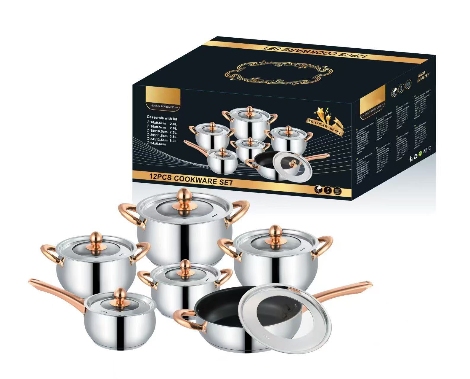 Rose Gold Accent Stainless Steel Cookware Set - 12PCS VIP Kitchen Pot & Pan Collection with Lids