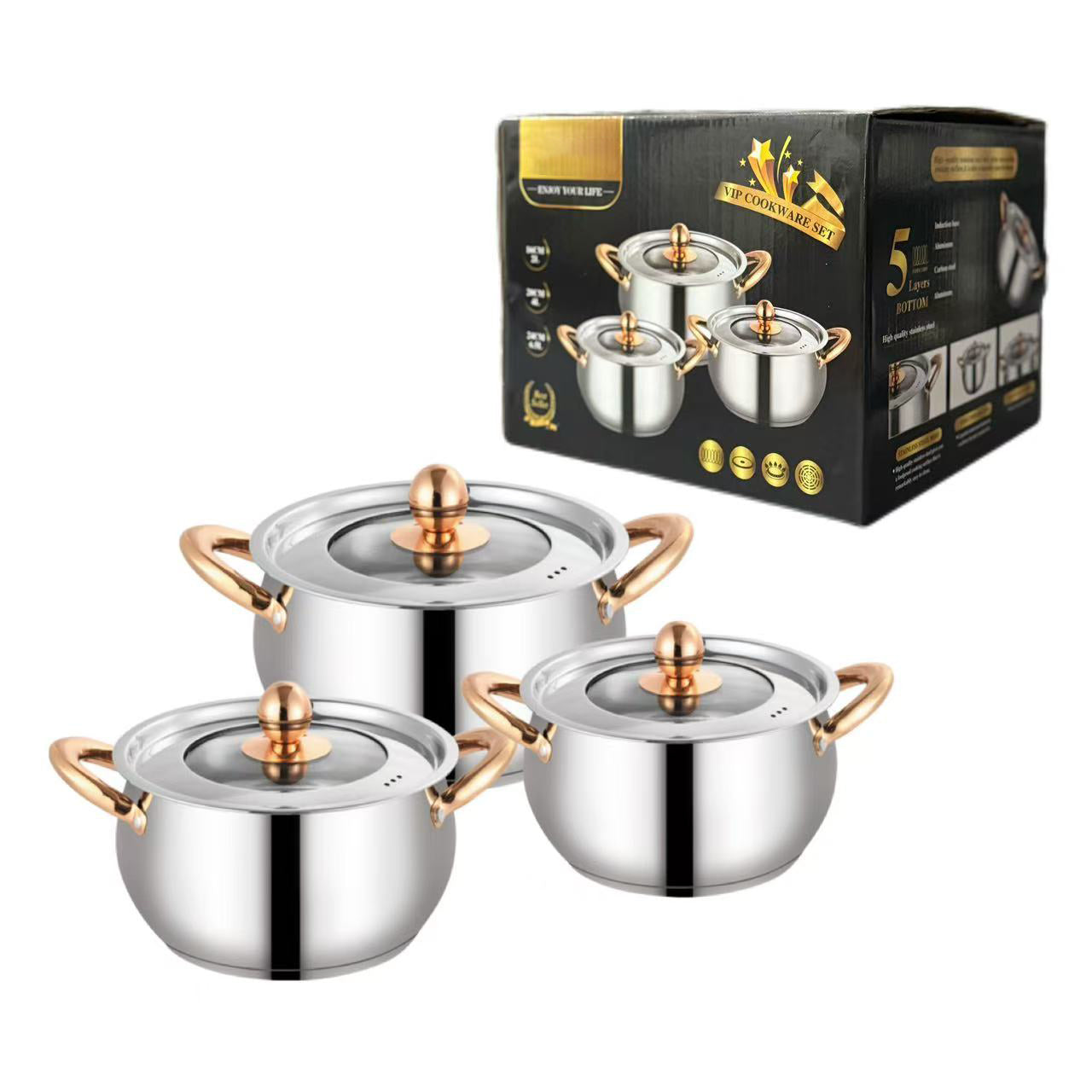 Rose Gold Accent Stainless Steel Cookware Set - 12PCS VIP Kitchen Pot & Pan Collection with Lids