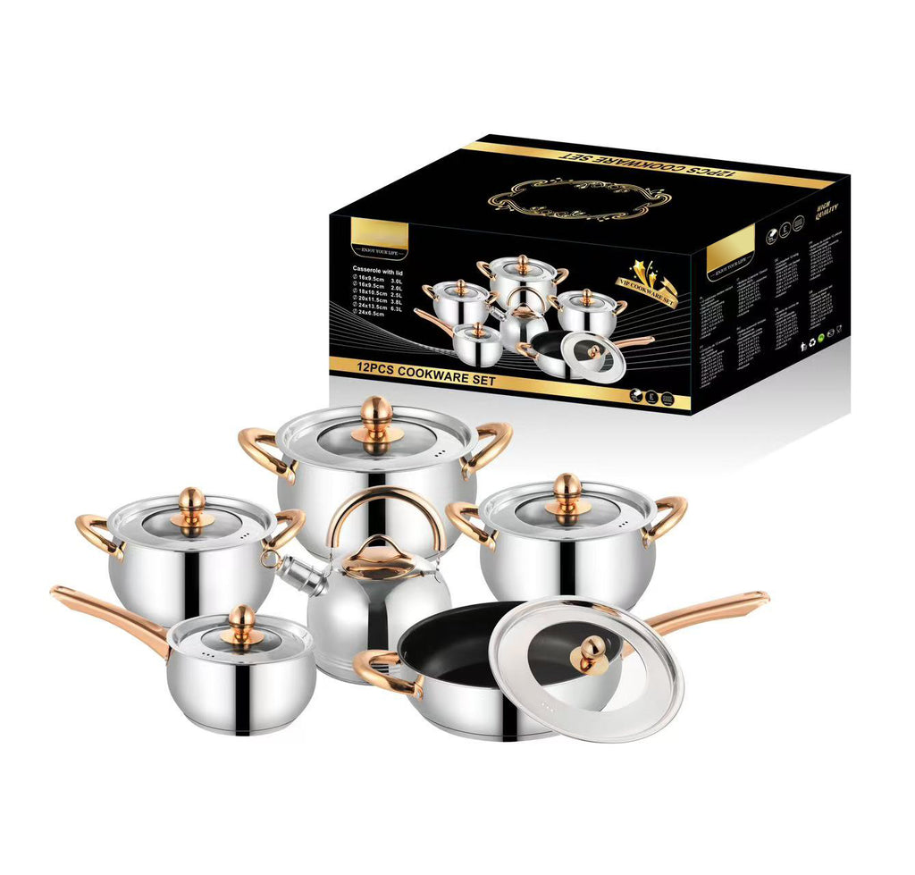 Rose Gold Accent Stainless Steel Cookware Set - 12PCS VIP Kitchen Pot & Pan Collection with Lids
