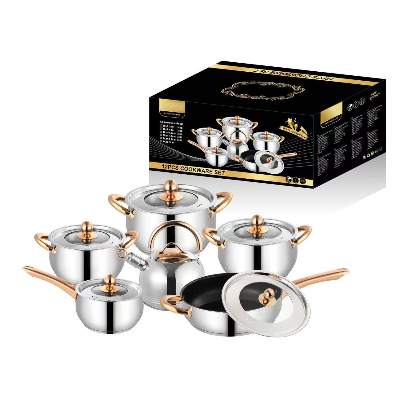 Rose Gold Accent Stainless Steel Cookware Set - 12PCS VIP Kitchen Pot & Pan Collection with Lids