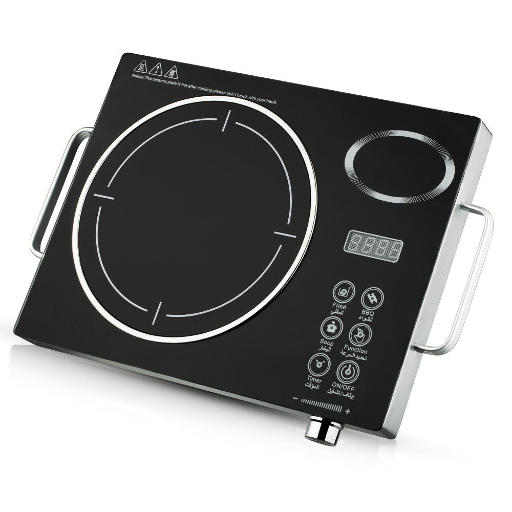 3500W Black Electric Ceramic Cooktop - Multi-Function Infrared Burner with Bilingual (English/Arabic) Controls