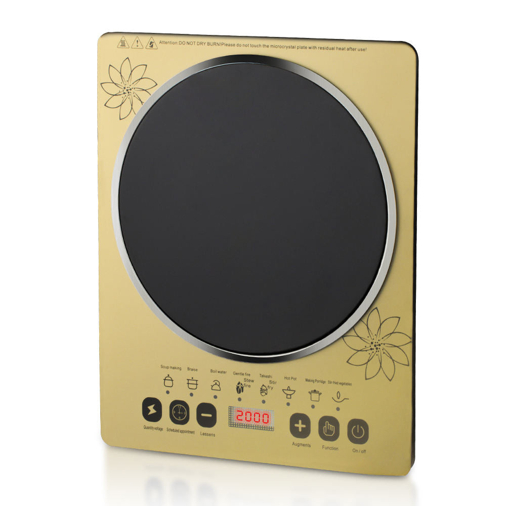 Golden Floral Induction Cooktop - 2000W Multi-Function Electric Stove with Digital Display & Timer