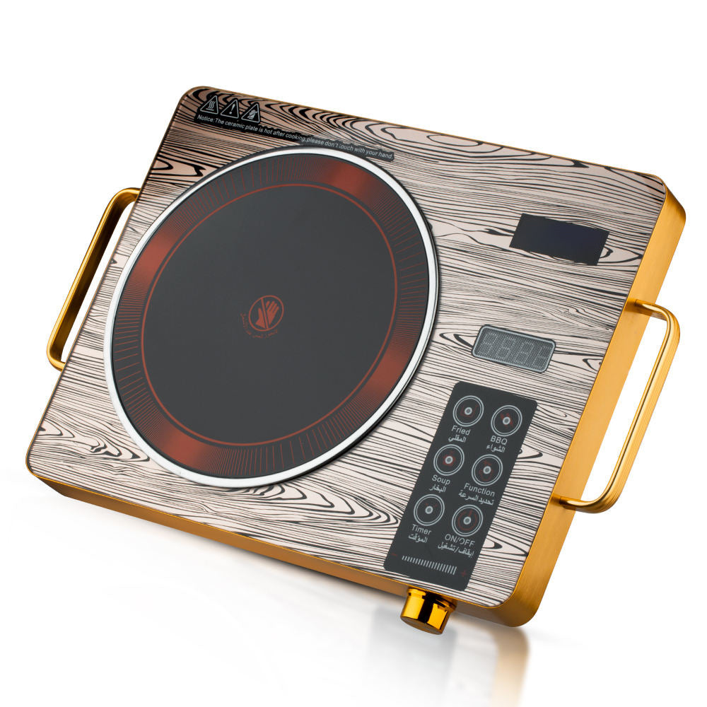 Luxury Wood-Grain Electric Ceramic Cooktop - 3500W Infrared Burner with Bilingual (English/Arabic) Controls & Golden Accents
