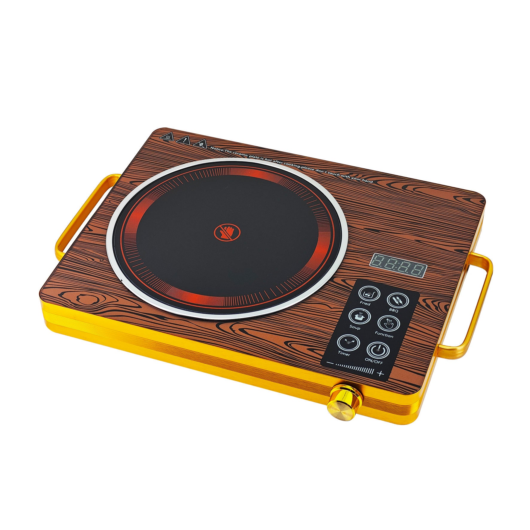 Retro Wood-Grain Electric Ceramic Cooktop with Dual Handles & Multi-Function Cooking Modes