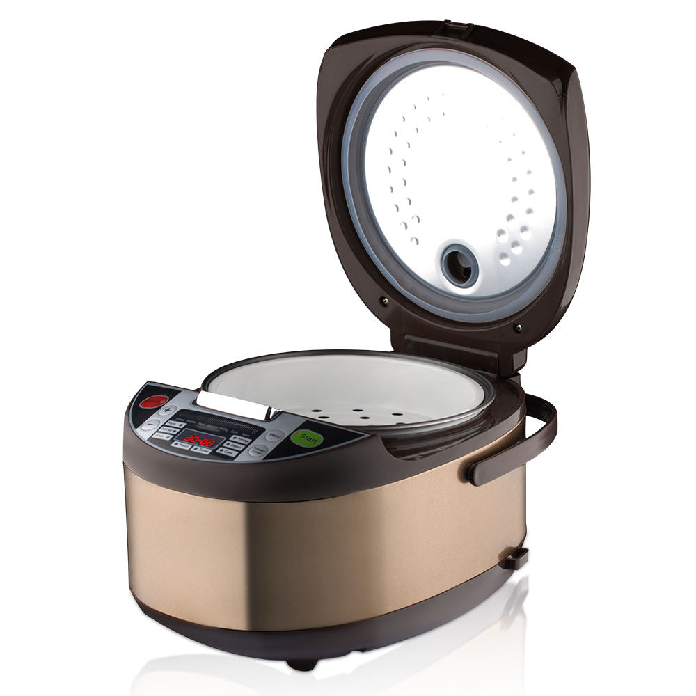 Multifunctional Electric Rice Cooker with Digital Display - 5L Capacity, Brown & Gold Design