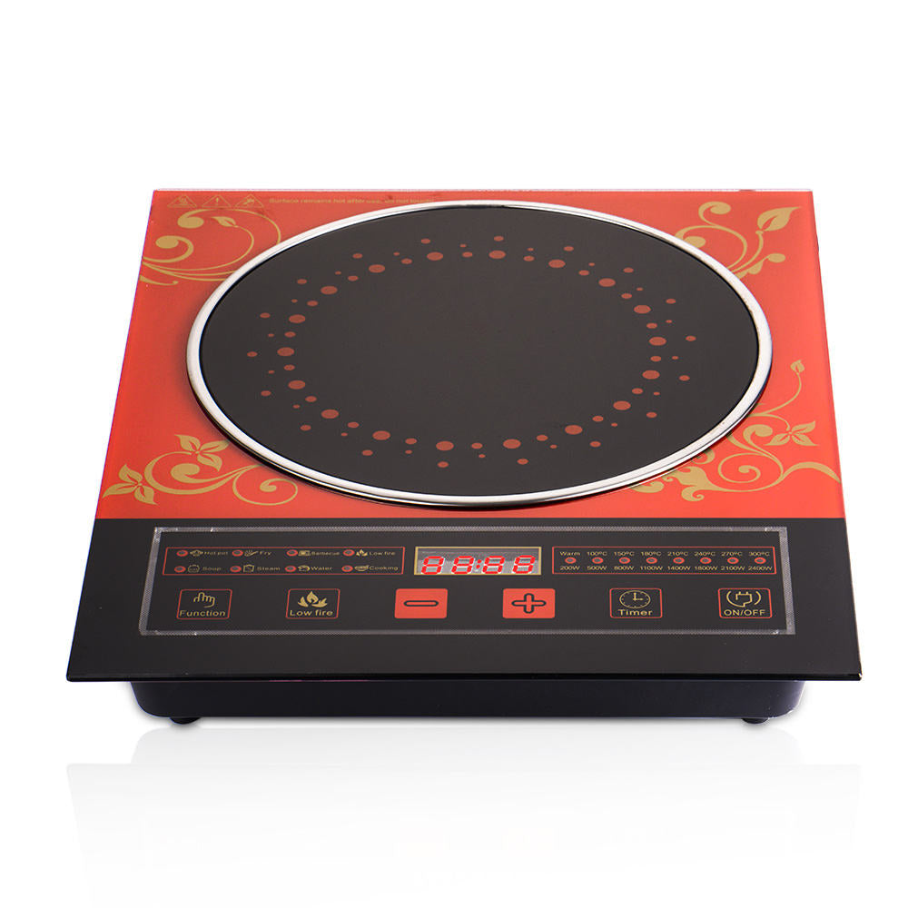 Red & Gold Decorative Induction Cooktop - Multi-Function Electric Stove with Digital Display & Timer