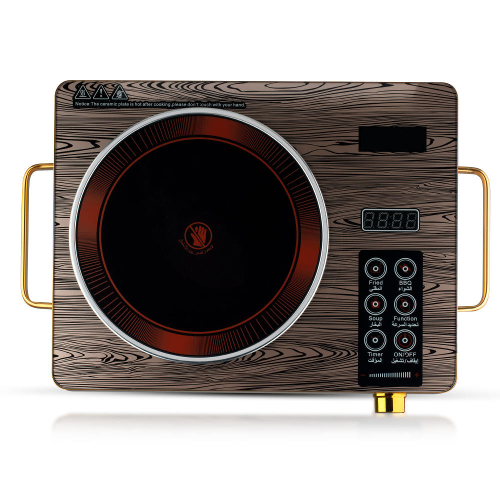 Luxury Wood-Grain Electric Ceramic Cooktop - 3500W Infrared Burner with Bilingual (English/Arabic) Controls & Golden Accents