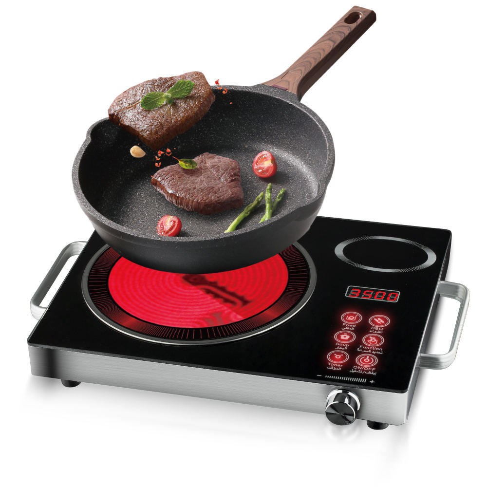 3500W Black Electric Ceramic Cooktop - Multi-Function Infrared Burner with Bilingual (English/Arabic) Controls