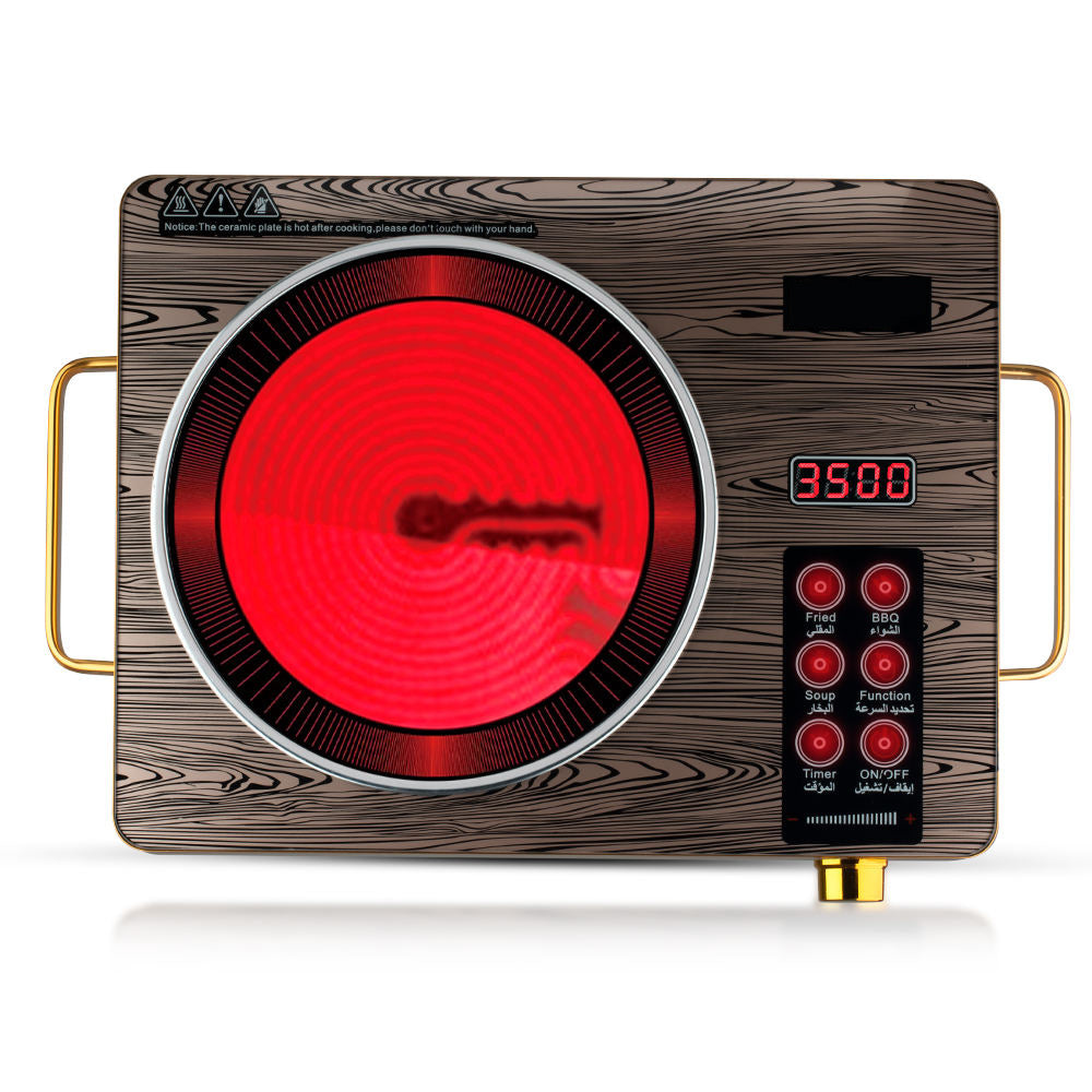 Luxury Wood-Grain Electric Ceramic Cooktop - 3500W Infrared Burner with Bilingual (English/Arabic) Controls & Golden Accents