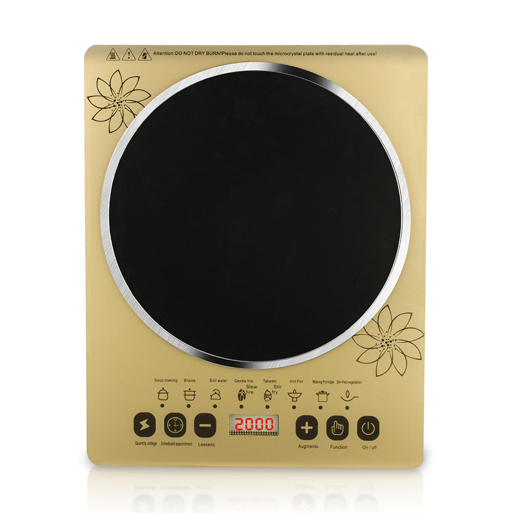 Golden Floral Induction Cooktop - 2000W Multi-Function Electric Stove with Digital Display & Timer