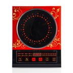 Red & Gold Decorative Induction Cooktop - Multi-Function Electric Stove with Digital Display & Timer