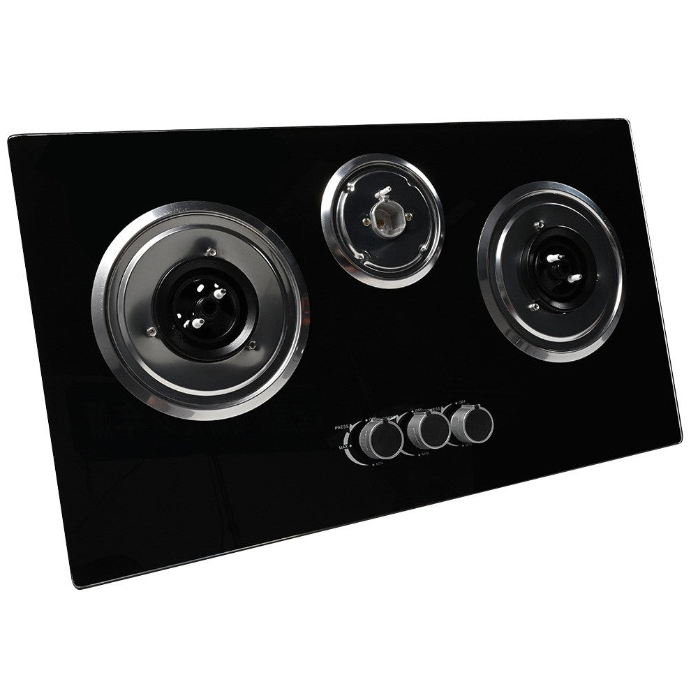 Custom wholesale, export-friendly, three-burner gas stove with tempered glass panel and full airflow for super-powerful firepower