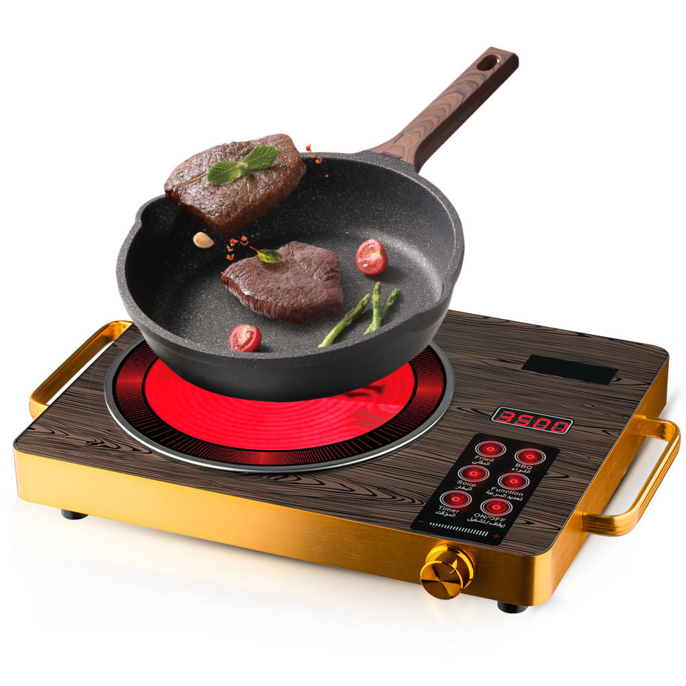Luxury Wood-Grain Electric Ceramic Cooktop - 3500W Infrared Burner with Bilingual (English/Arabic) Controls & Golden Accents