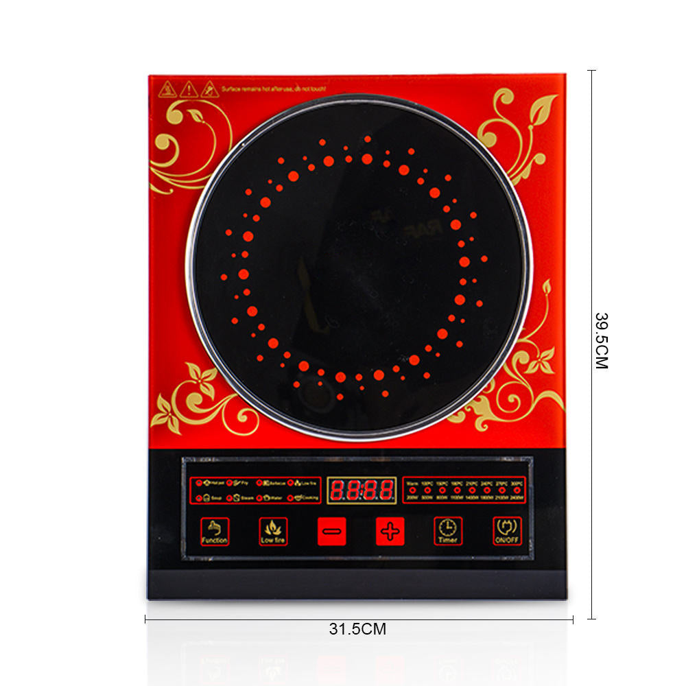 Red & Gold Decorative Induction Cooktop - Multi-Function Electric Stove with Digital Display & Timer