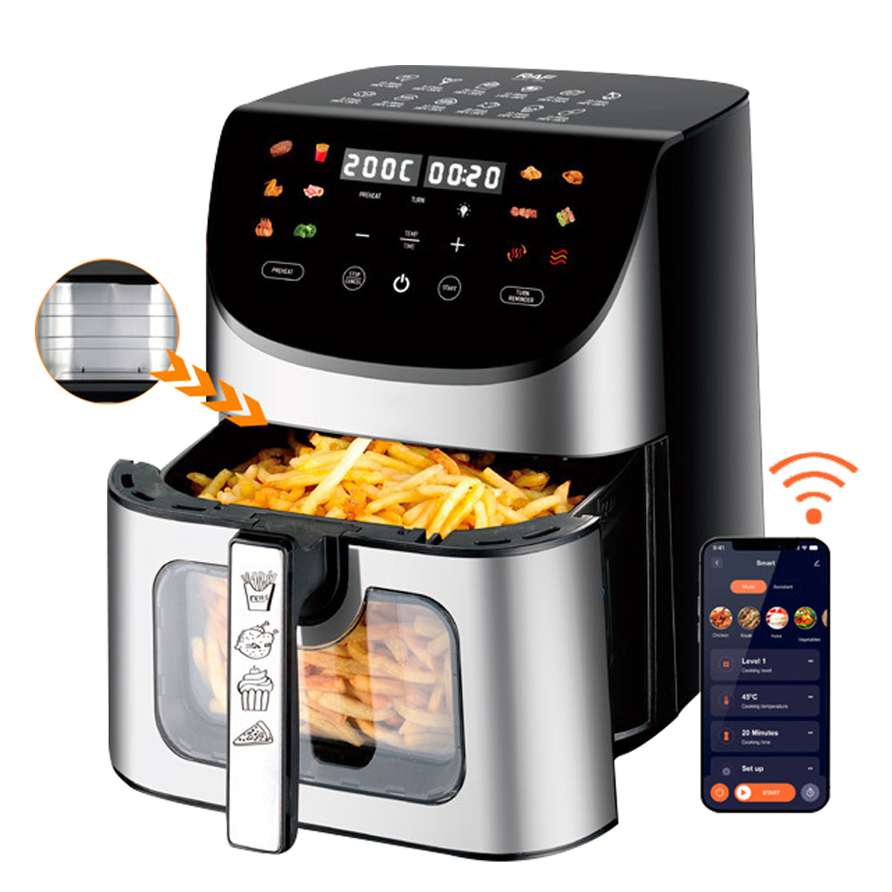 It is an oil-free electric digital air fryer with a visible window