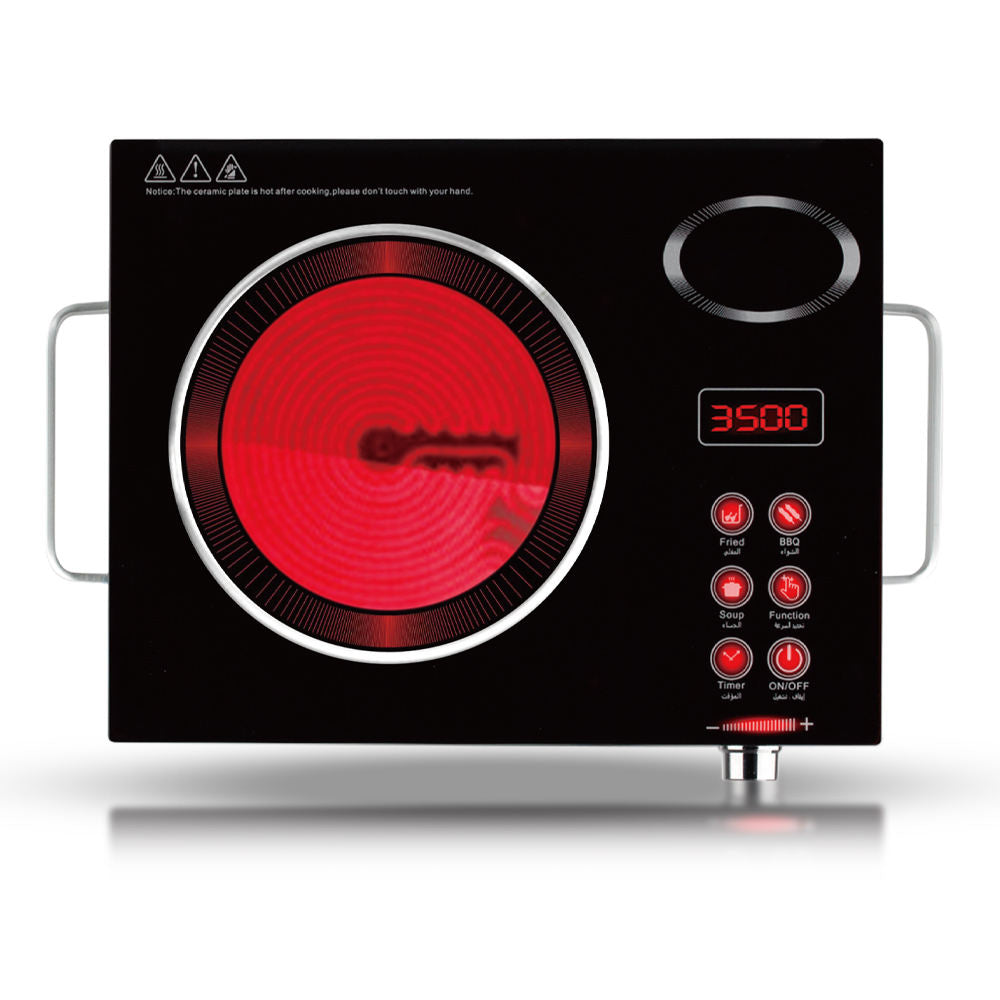 3500W Black Electric Ceramic Cooktop - Multi-Function Infrared Burner with Bilingual (English/Arabic) Controls