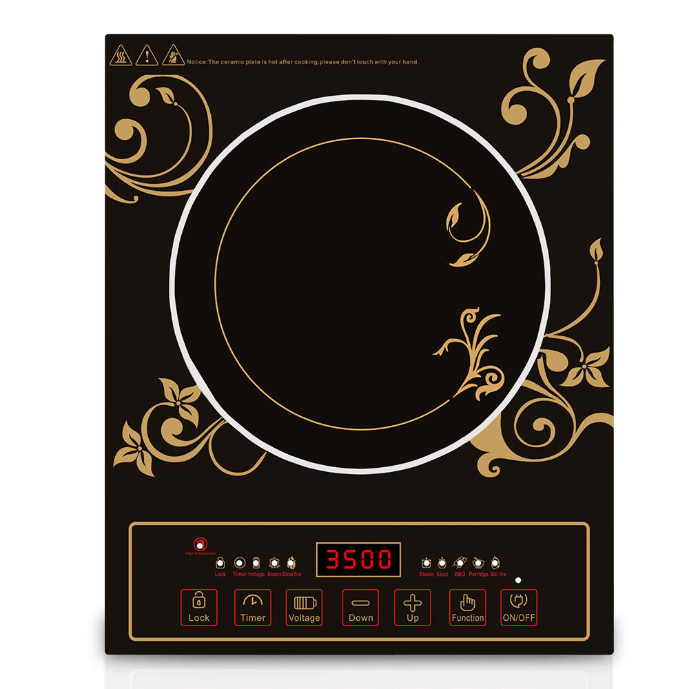 Red & Gold Decorative Induction Cooktop - Multi-Function Electric Stove with Digital Display & Timer