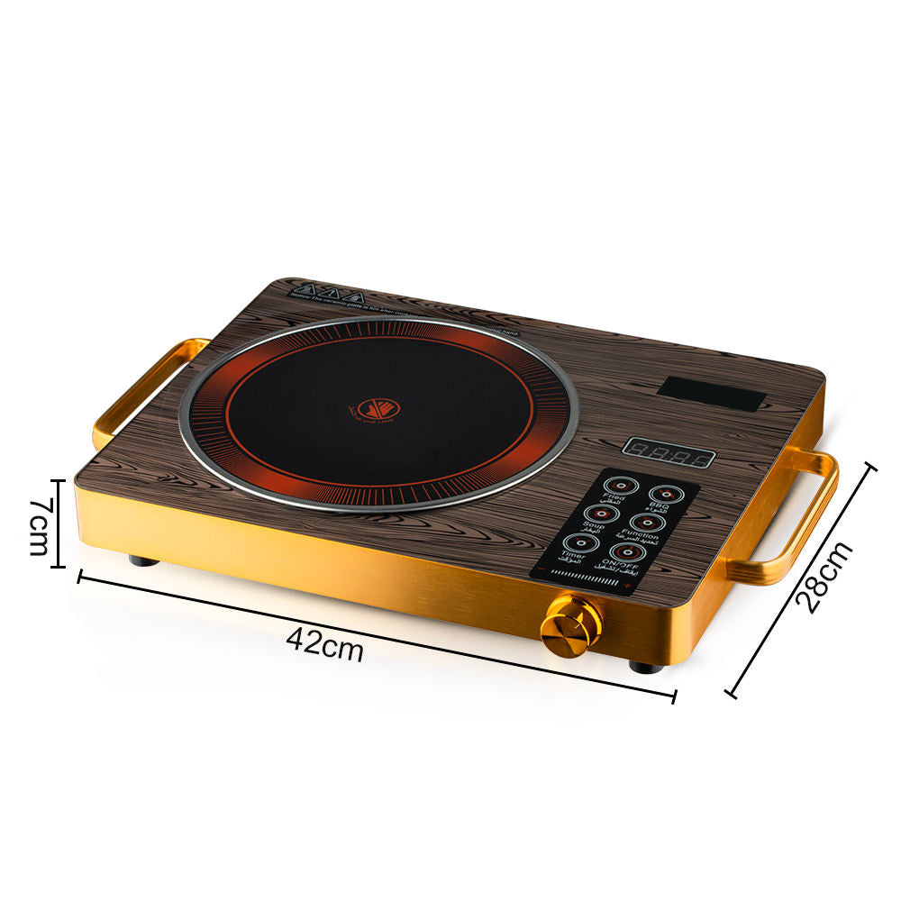Luxury Wood-Grain Electric Ceramic Cooktop - 3500W Infrared Burner with Bilingual (English/Arabic) Controls & Golden Accents
