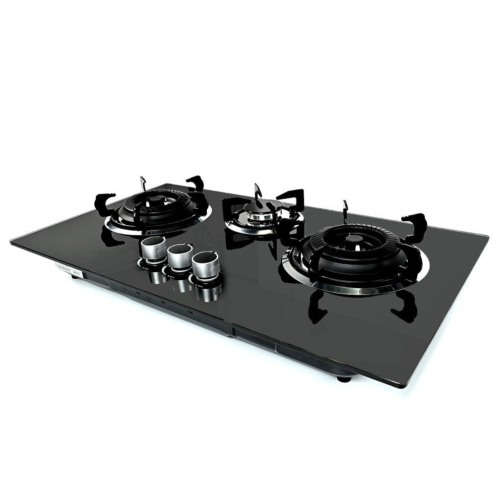 Custom wholesale, export-friendly, three-burner gas stove with tempered glass panel and full airflow for super-powerful firepower